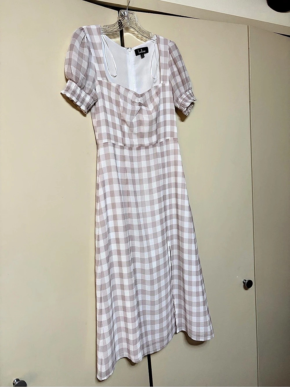 Lulus Soft Side of Love Mauve Purple Gingham Puff Sleeve Midi Dress Gingham Puff